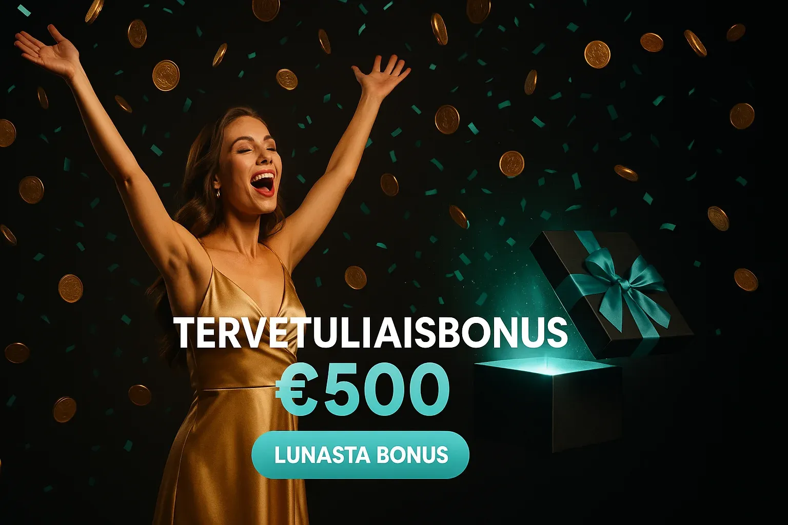 Suomalainen kasinobonusbanneri, nainen juhlii, kultakolikot ja lahjalaatikko taustalla