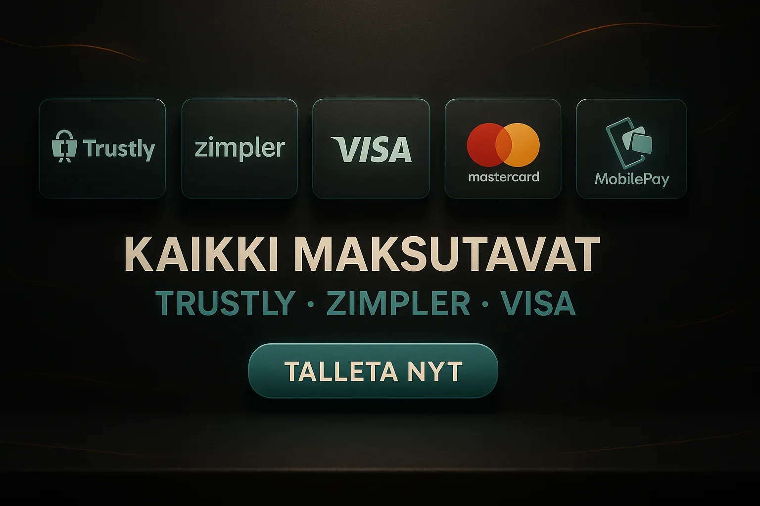 Fotorealistinen suomalainen kasinobanneri maksukorteilla ja talleta nyt -painikkeella