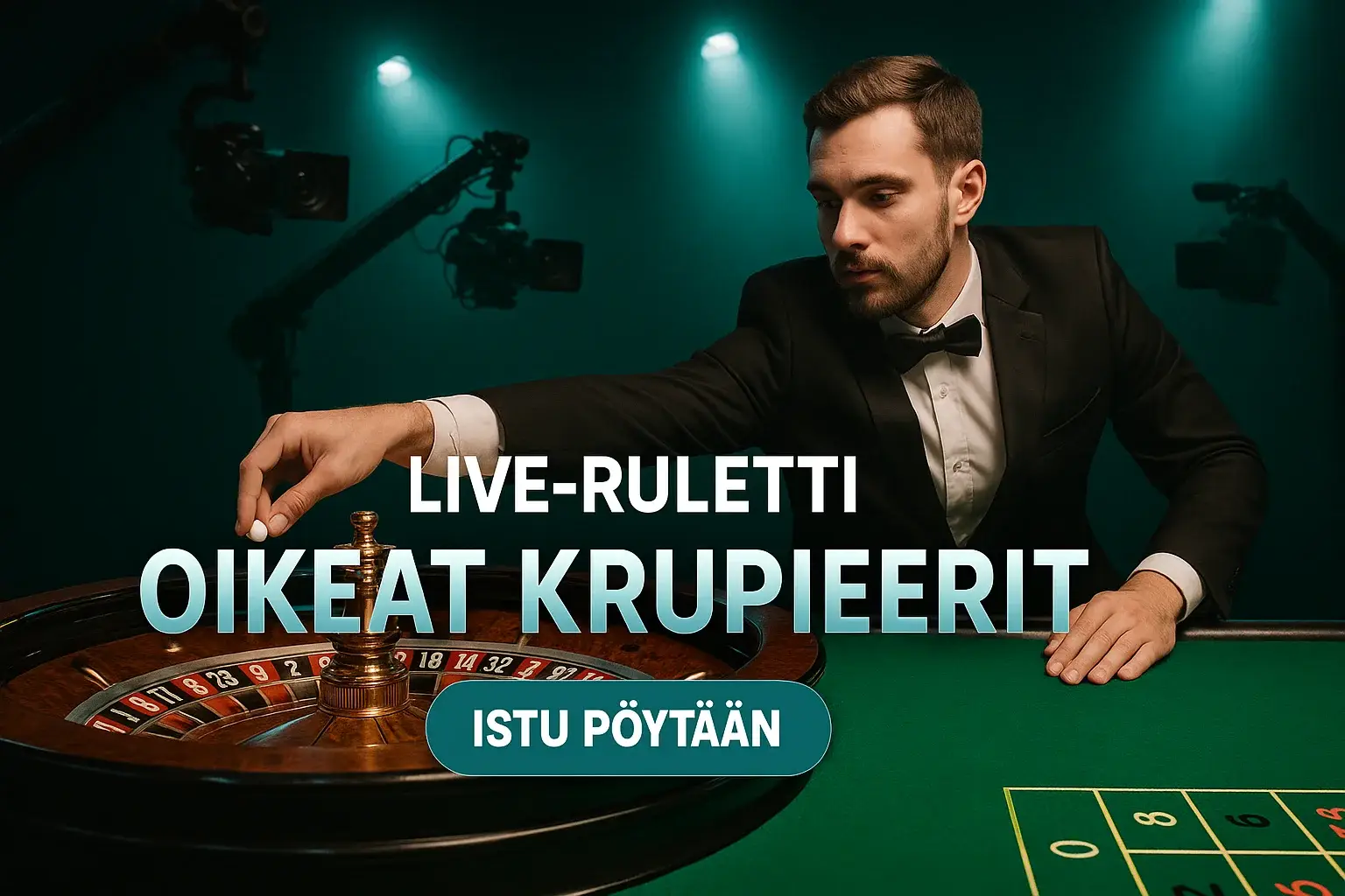 Fotorealistinen live-kasino banneri, krupieeri ruletin äärellä ja kamerat taustalla