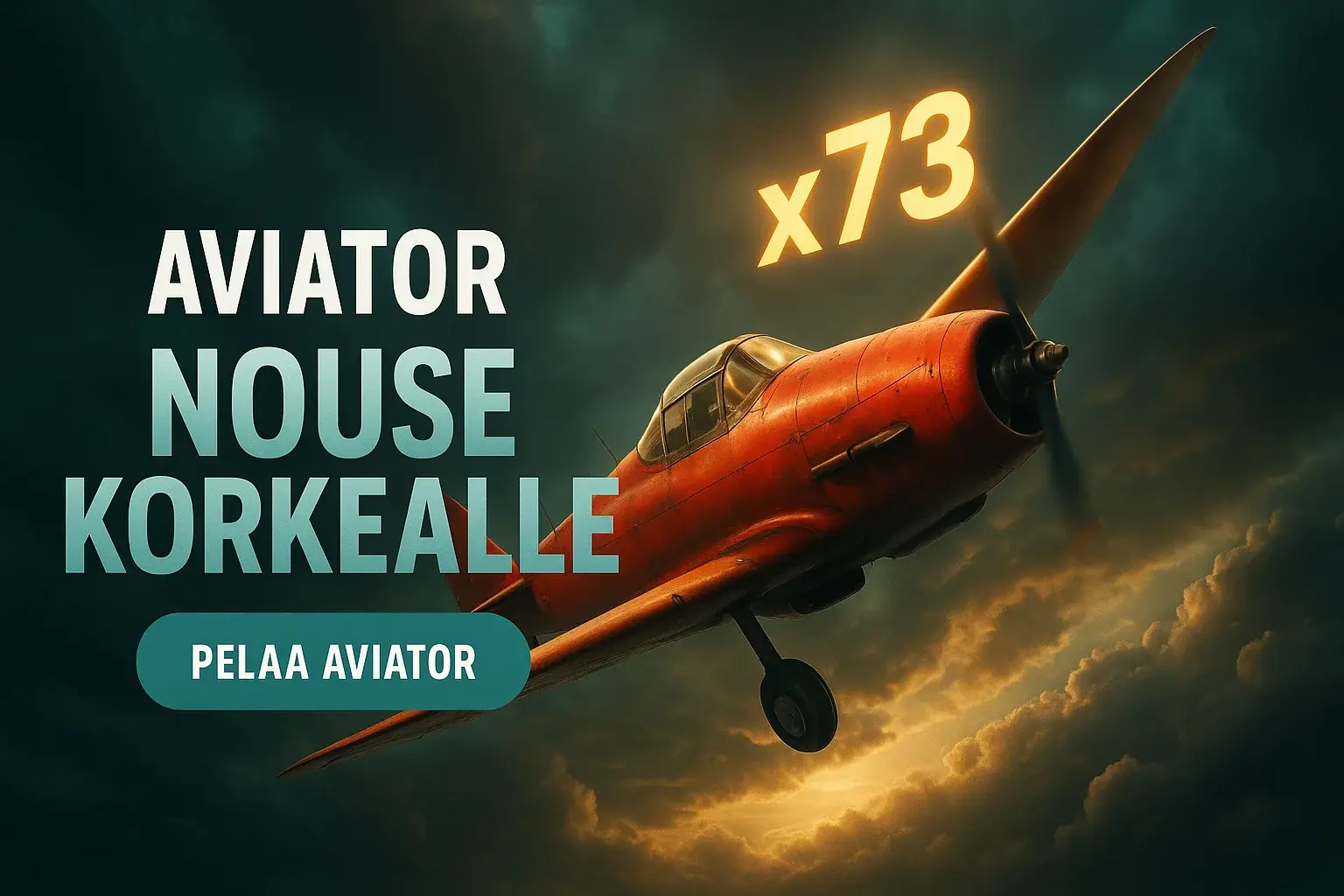 Fotorealistinen Aviator-kasinobanneri, lentokone nousee myrskytaivaassa, x73-kerroin