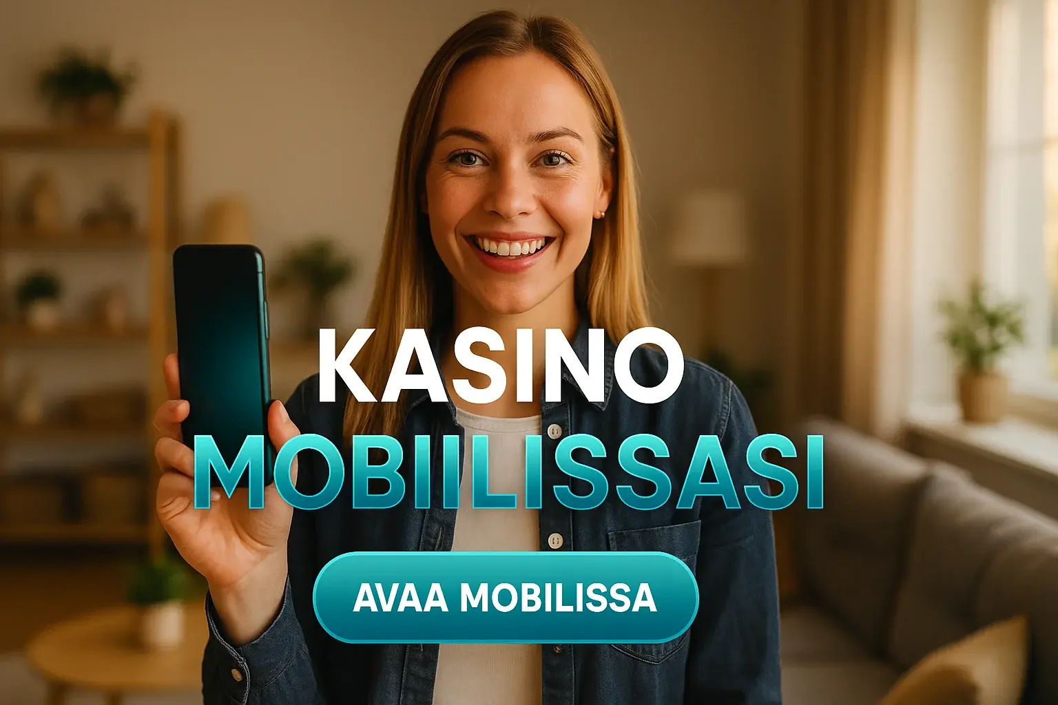 Suomalainen nainen pitelee älypuhelinta, mobiilikasino mainosbanneri olohuoneessa