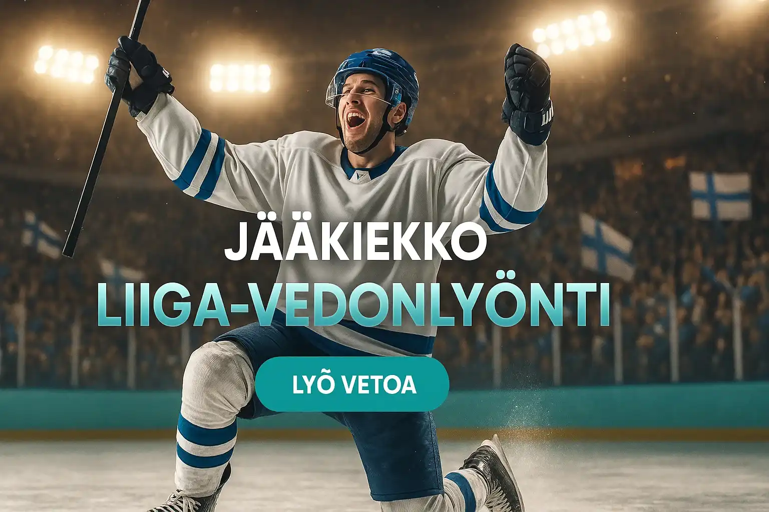 Fotorealistinen SM-liiga jääkiekko vedonlyöntibanneri, pelaaja juhlii maalia areenalla